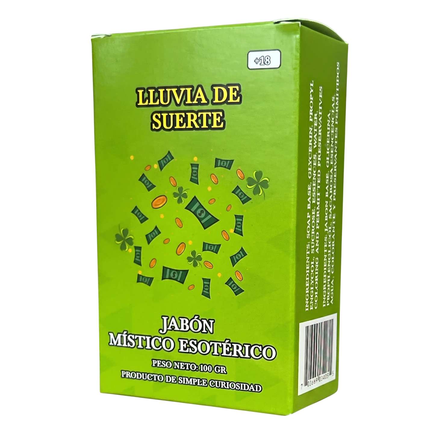 Green box with 'LLuvia de Suerte' text and graphic on a white background