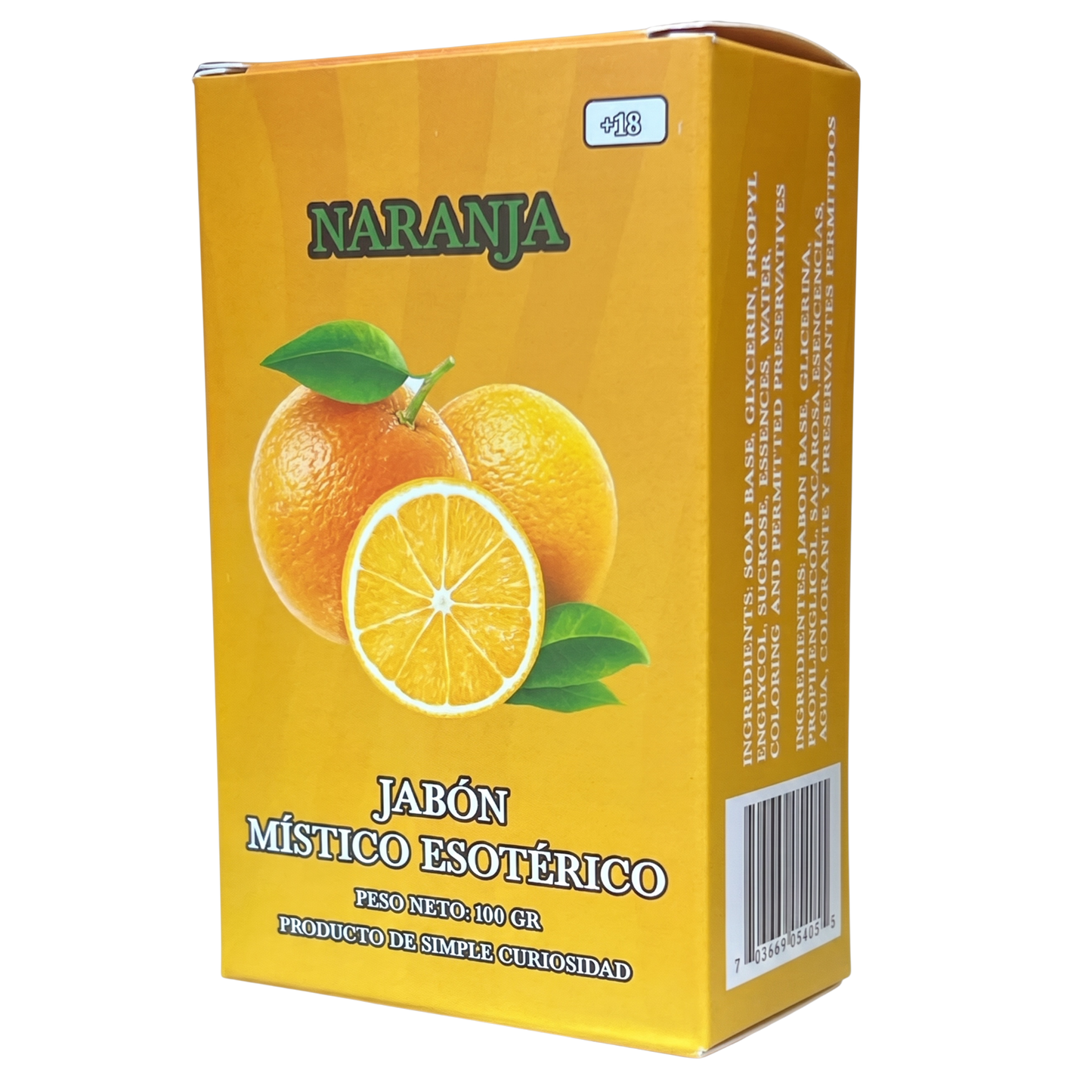 Yellow box of 'Jabón Mástico Esotérico' with oranges on a white background