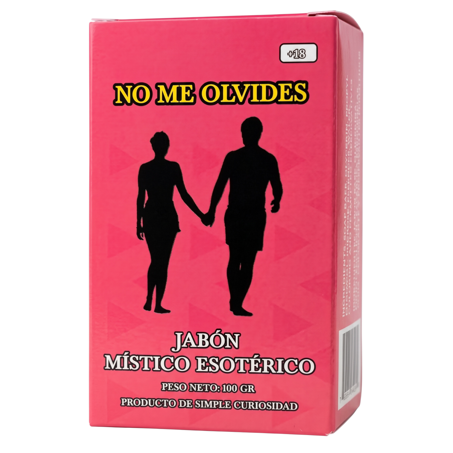 Pink soap packaging with silhouettes of a man and woman holding hands and text on a white background