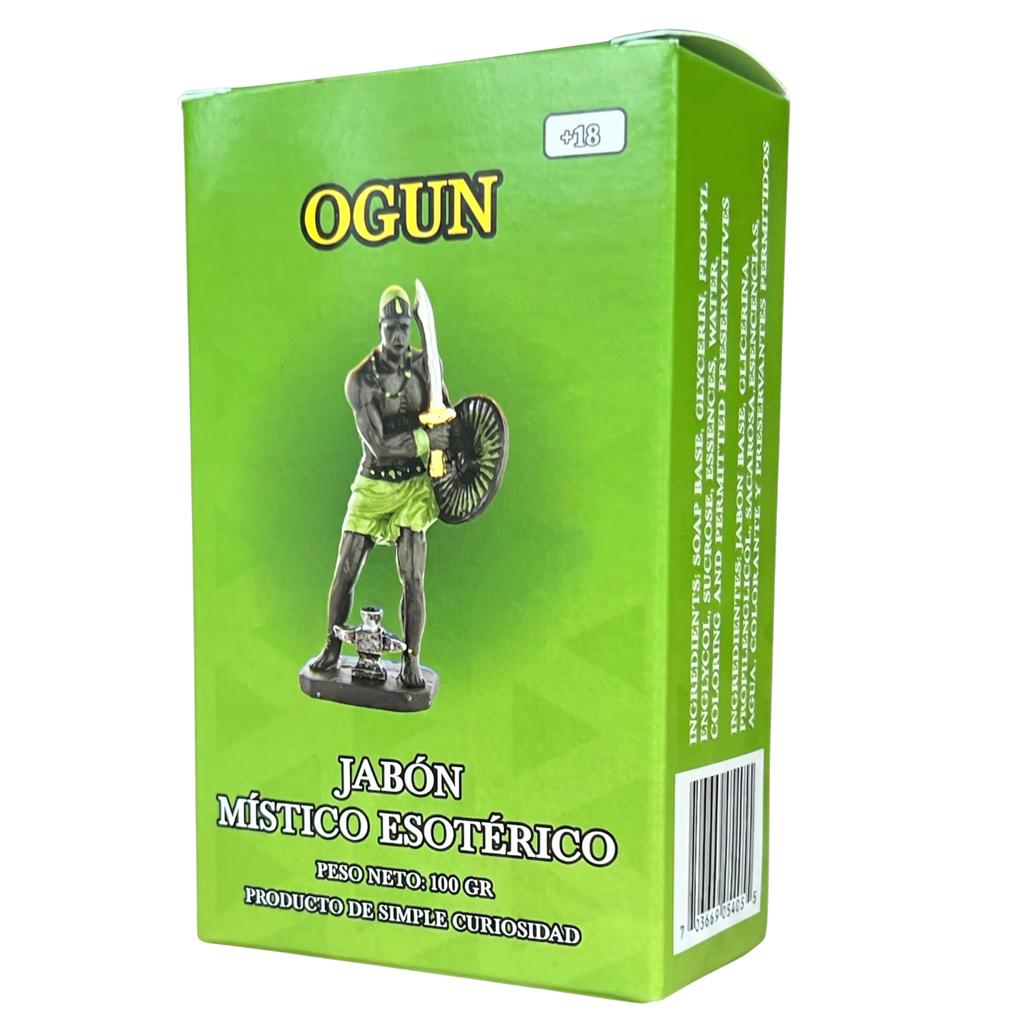 Green packaging of 'Ogun' with a figure on a white background