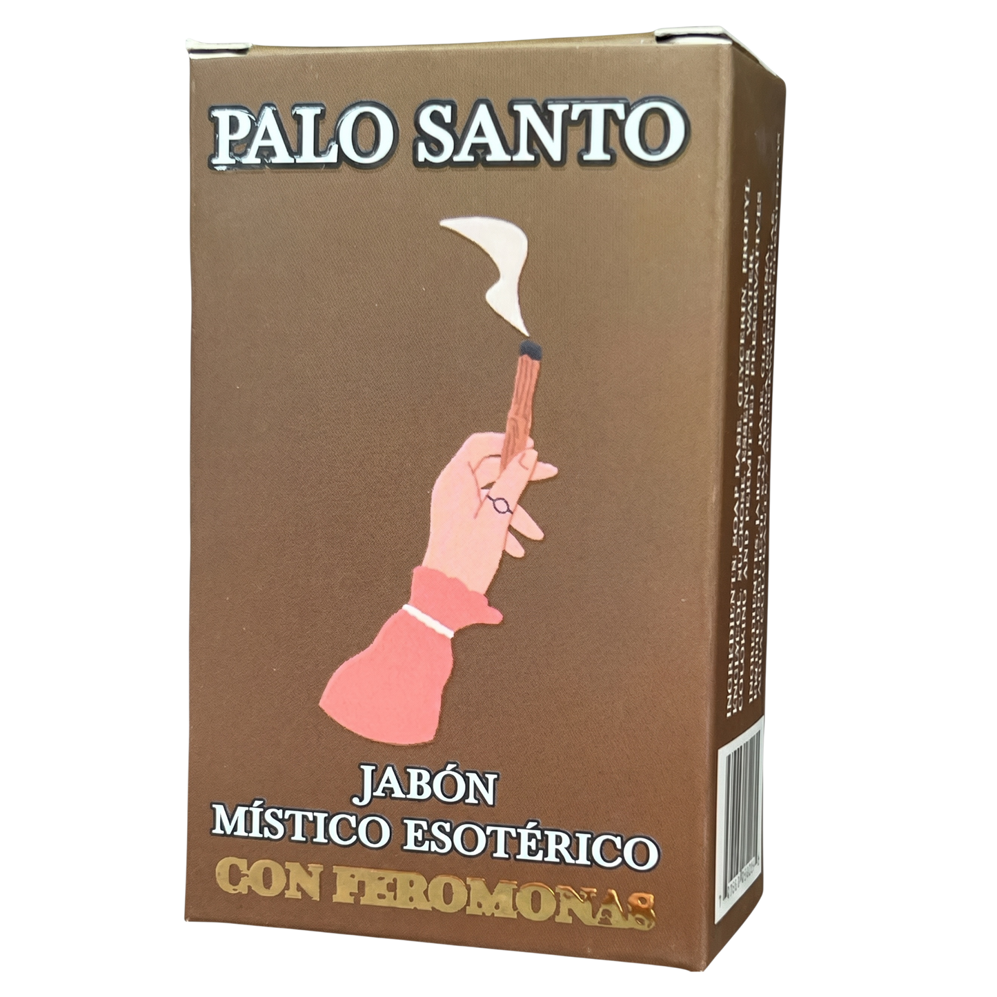 Box of Palo Santo soap with a hand holding a lit candle illustration on a brown background.