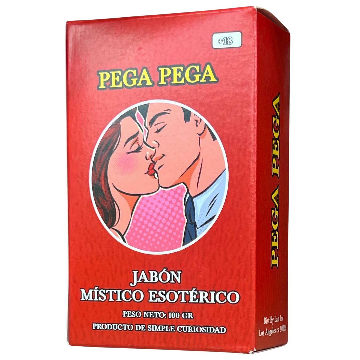 Red box of Pega Pega with a kissing couple illustration on a white background