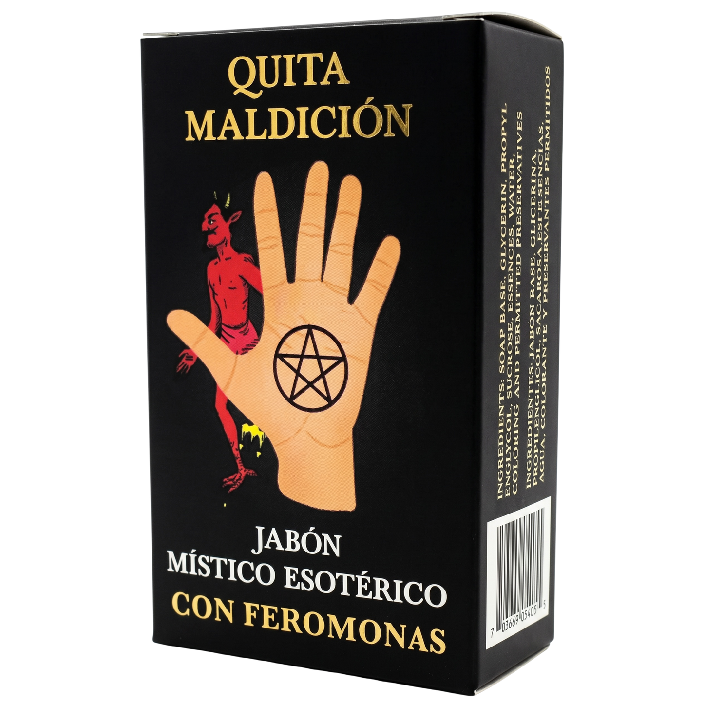 Box of 'Quita Maldicion' soap with a hand and pentagram design on a black background