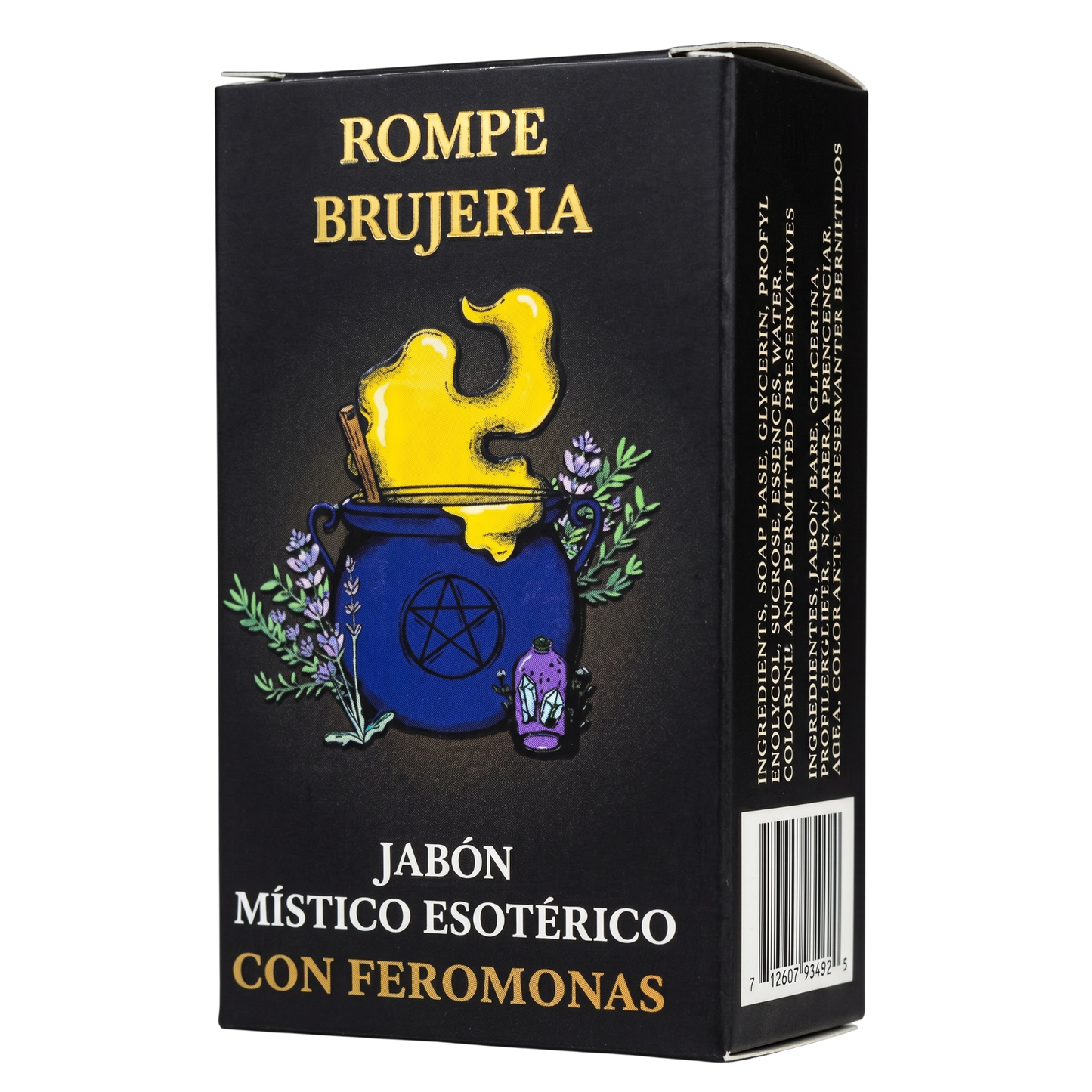 Black box with yellow and blue design featuring a pentacle and herbs, labeled 'Rompe Brujeria'.
