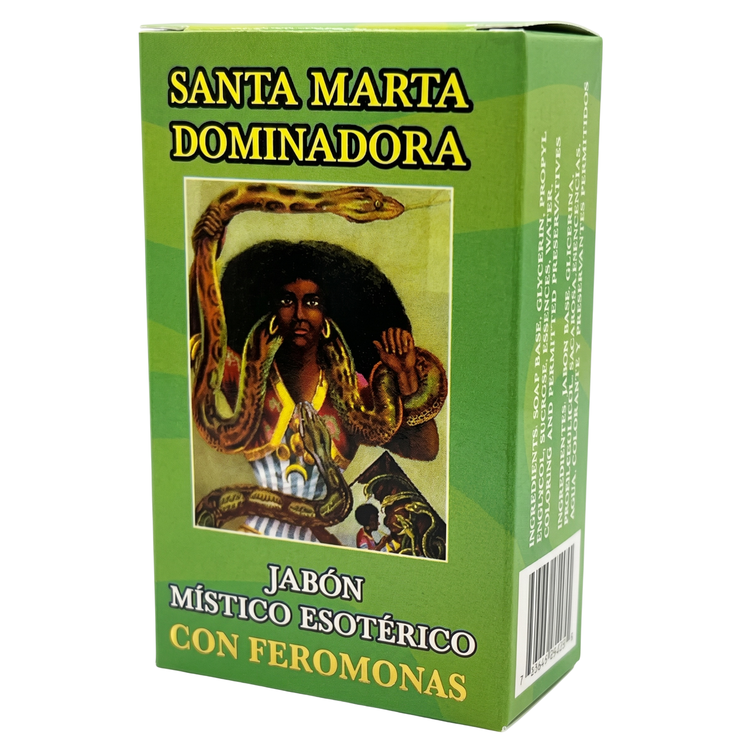 Green box with an image of a person with a snake and text in Spanish on a white background