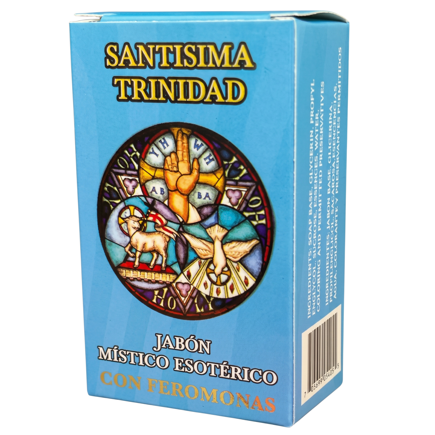 Blue box of 'Santisima Trinidad' with religious design and text on a white background