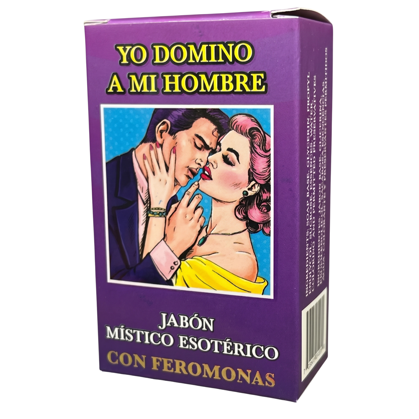 Purple soap packaging with illustration of a man and woman, text in Spanish, and a bar code on a white background.