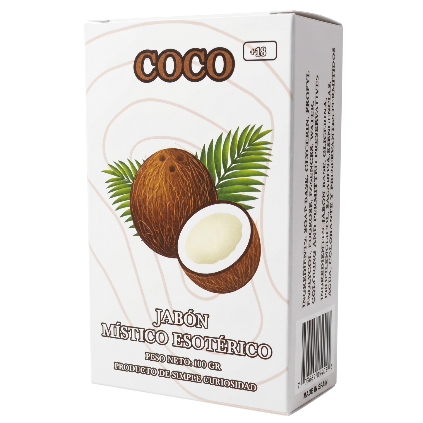 Box of 'Coco' soap with coconuts and palm leaves on a white background