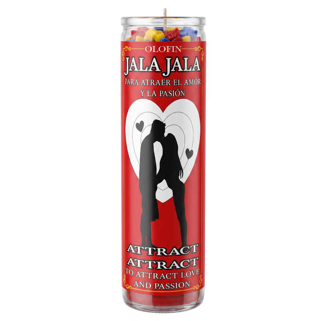 A tall red devotional candle in a clear glass jar with a printed label reading 'Olofin Jala Jala' and 'Attract Attract To Attract Love and Passion,' featuring a black silhouette of a couple inside a white heart on a red background.