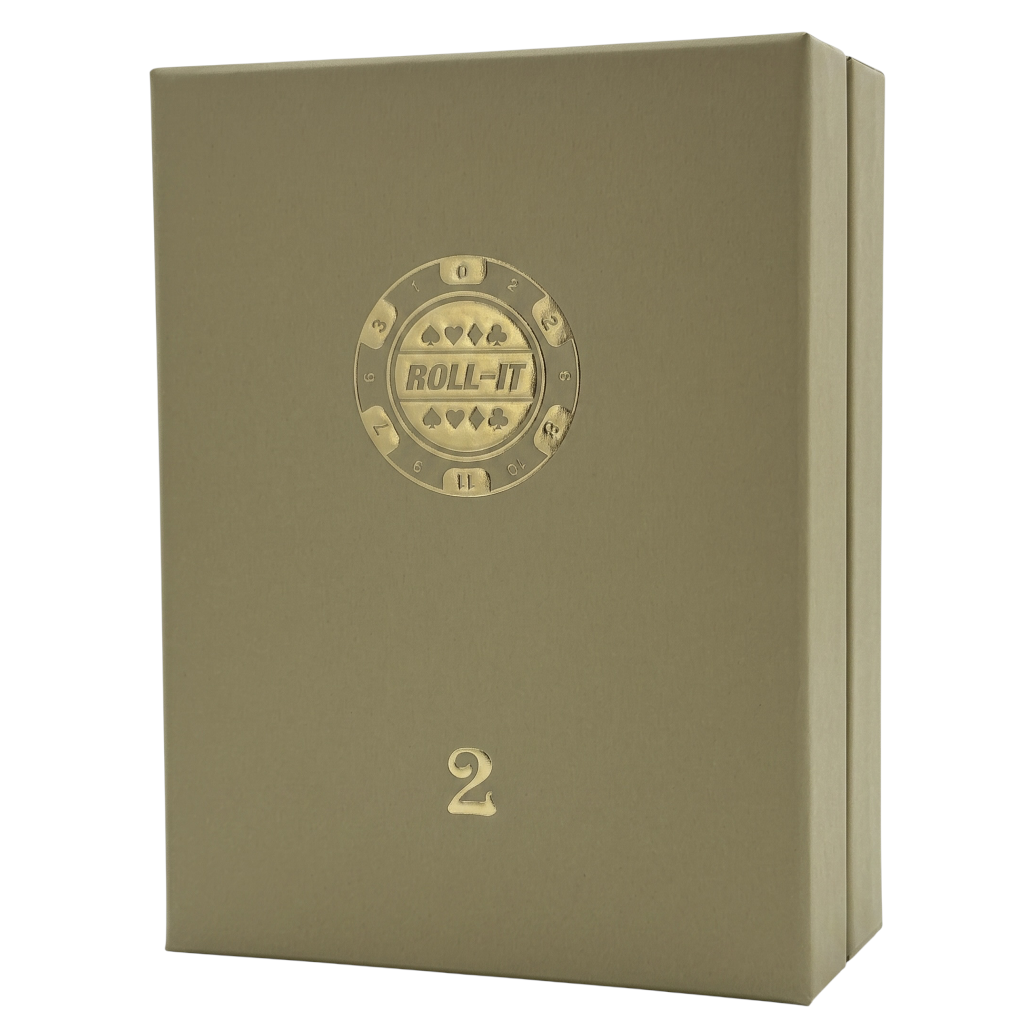 A rectangular metallic gold box with a circular embossed 'ROLL-IT' logo and the number '2' near the bottom, shown on a plain white background.