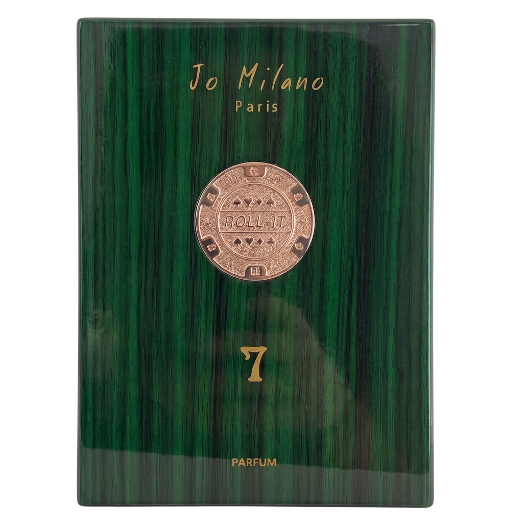 Jo Milano Paris 7 Parfum box featuring a glossy dark green wood-grain finish with gold lettering and a central rose gold circular emblem.