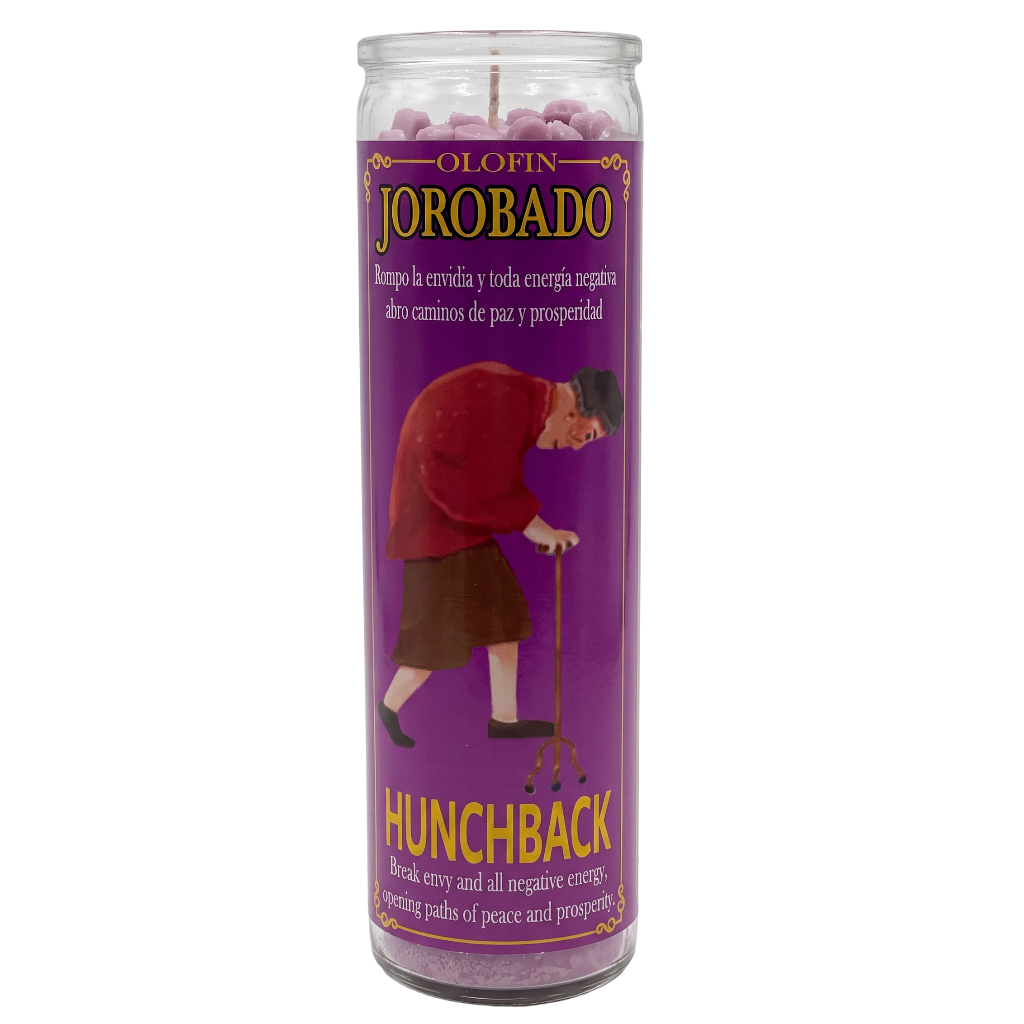 A tall glass jar candle with a purple label reading 'Olofin Jorobado' and 'Hunchback,' featuring an illustration of a person in a red top and brown skirt using a cane. The candle is shown on a plain white background.