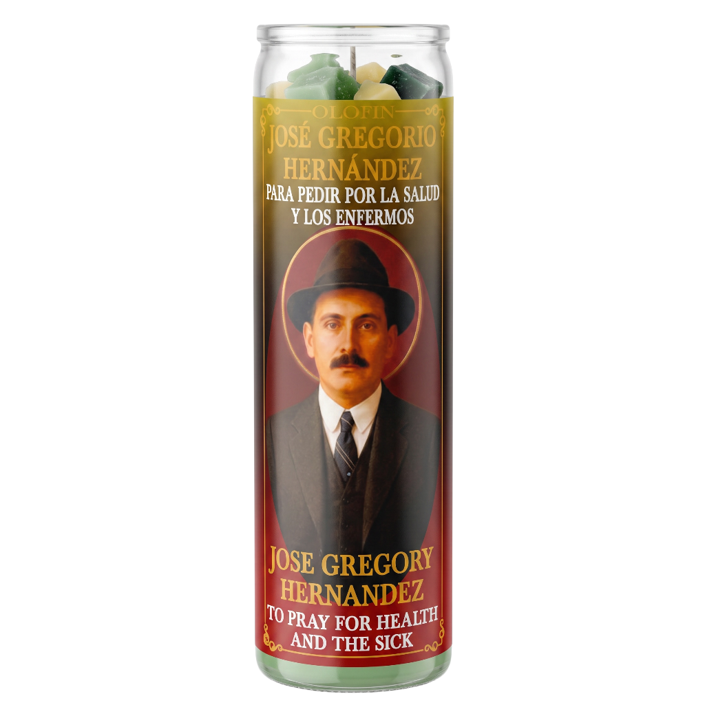 A tall glass jar religious candle with a printed label featuring a portrait of Jose Gregory Hernandez. The candle has green and cream wax visible at the top and Spanish and English text on the label.
