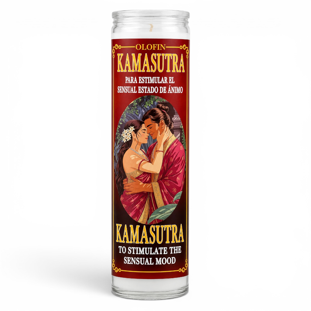 A tall glass prayer candle with a red and gold label featuring an illustration of a romantic couple and the text 'OLOFIN KAMASUTRA' and 'TO STIMULATE THE SENSUAL MOOD'.