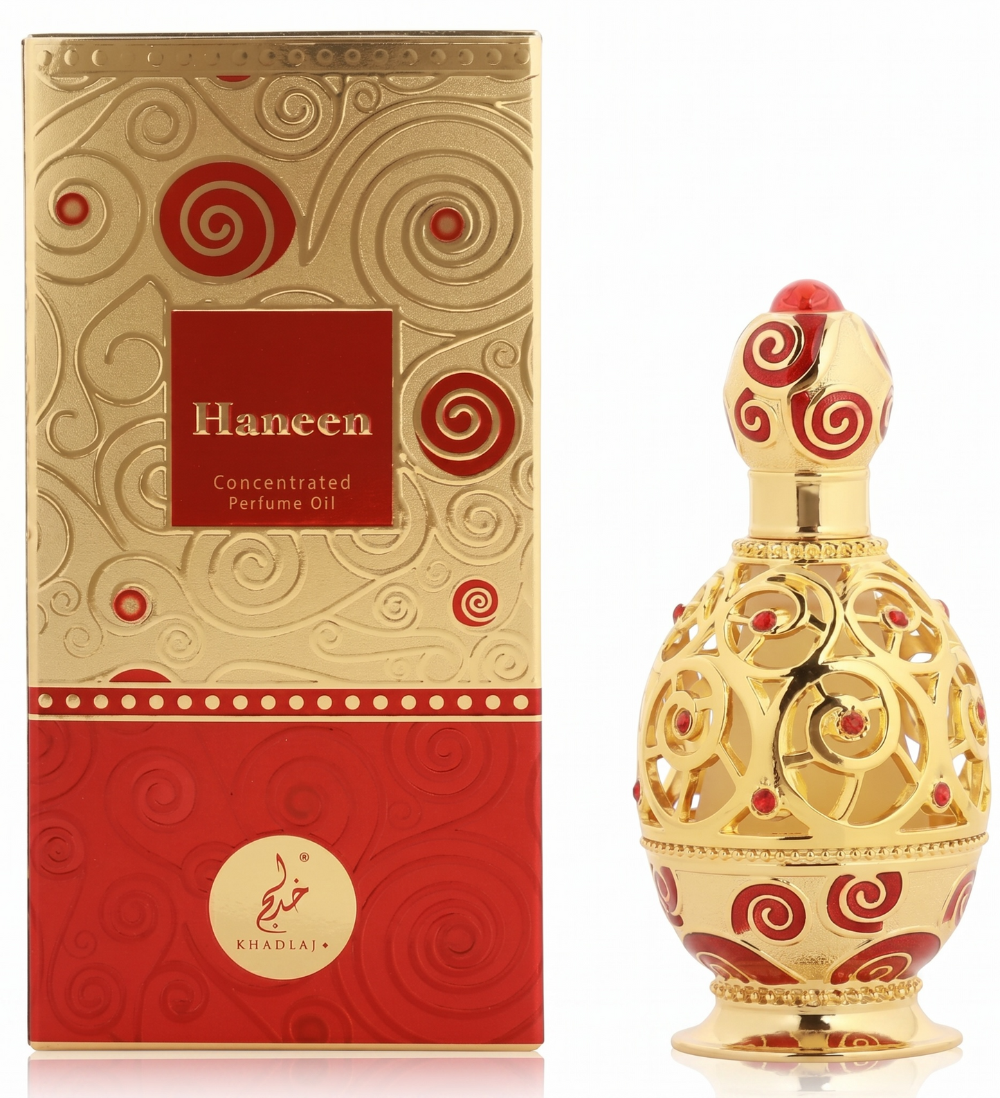Gold and red Haneen concentrated perfume oil with packaging on a white background