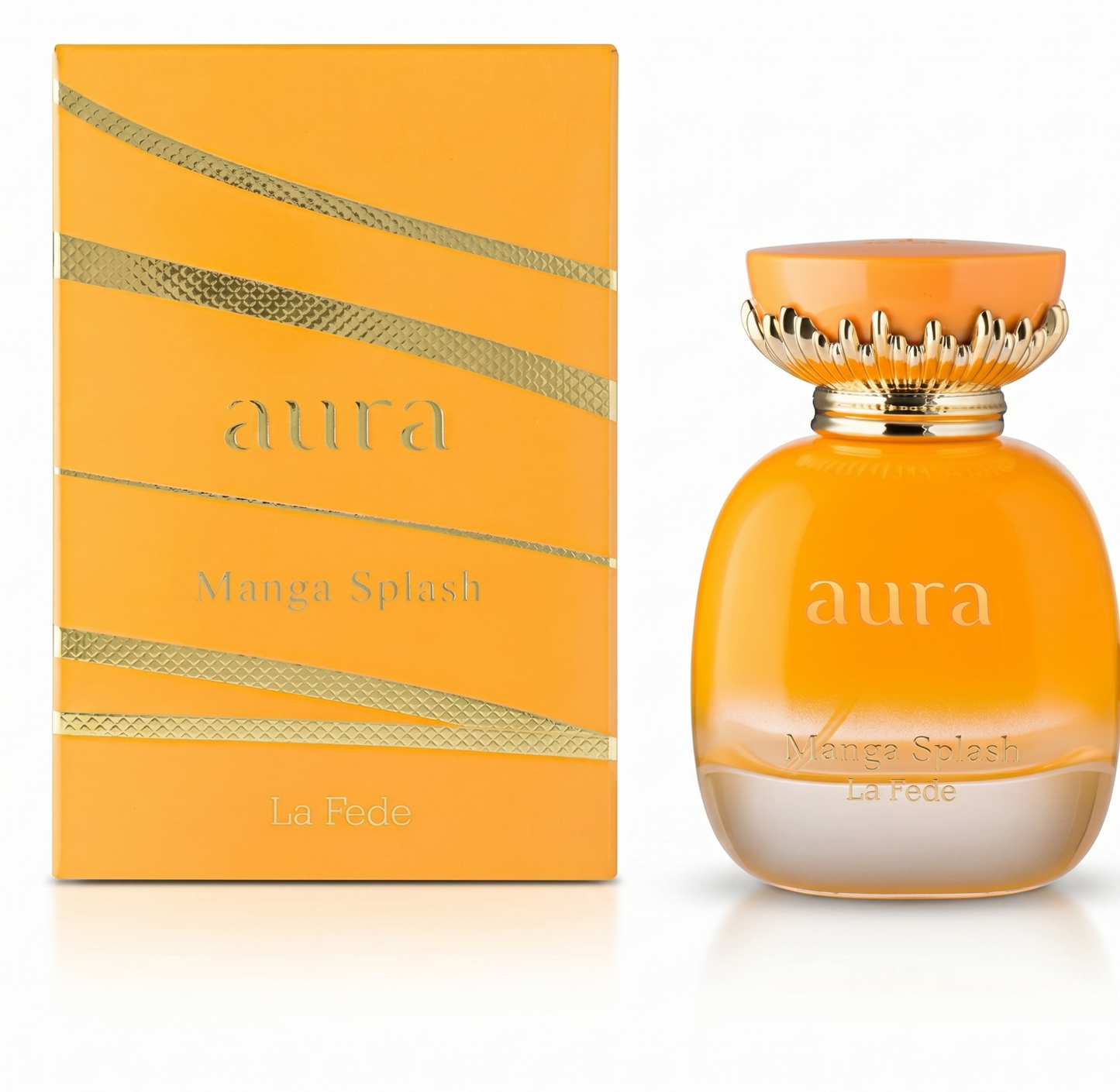Orange perfume bottle and packaging with 'aura' branding on a white background