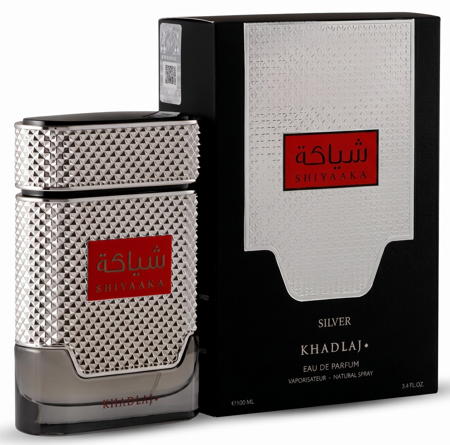 Perfume bottle and packaging of Shivaaqa Khadlaj Silver on a white background