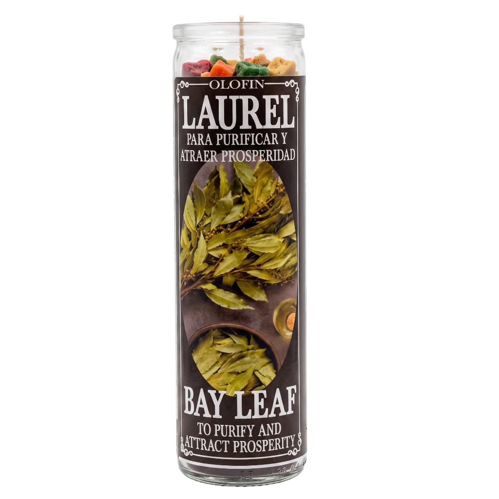 A tall glass jar candle labeled 'Olofin Laurel Bay Leaf' with a dark brown label featuring bay leaf imagery, shown on a plain white background.