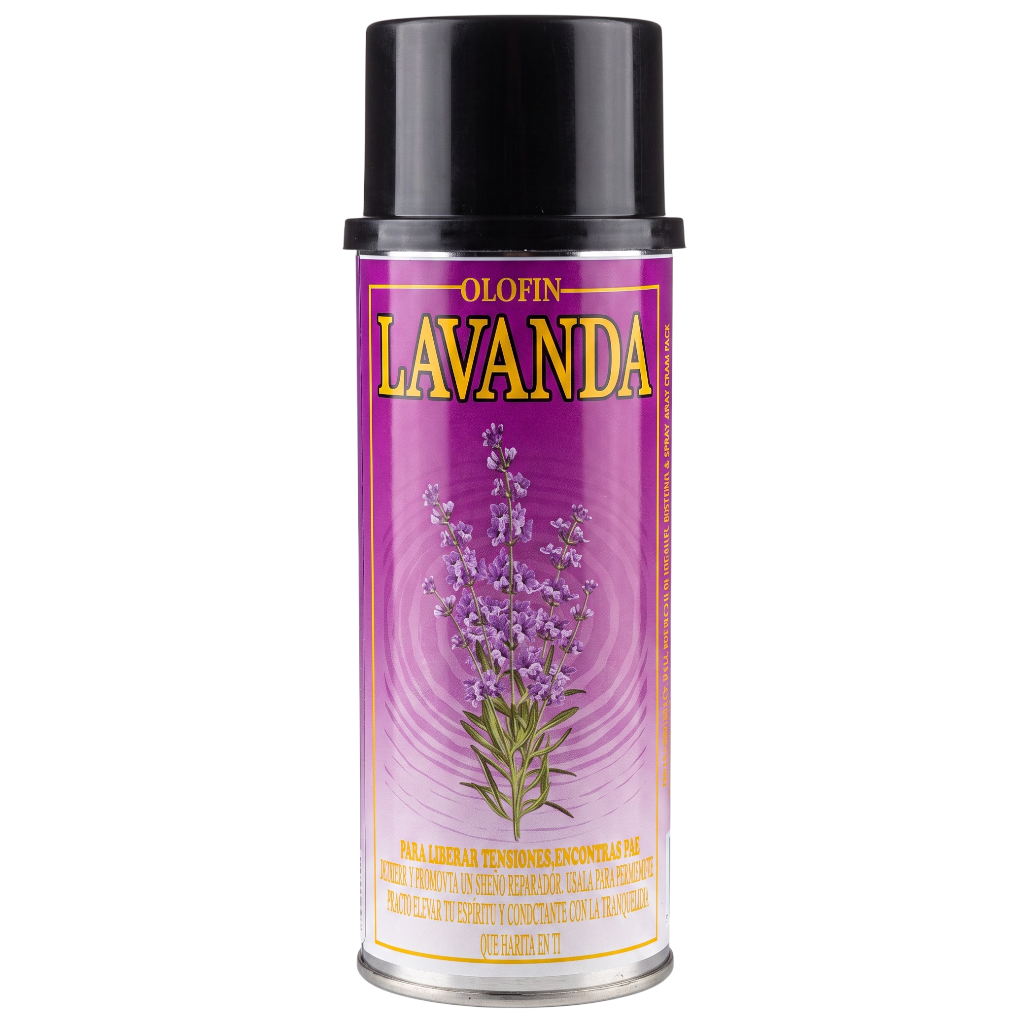 A can of Olofin Lavanda body spray with a black cap and a purple label featuring a lavender plant illustration.