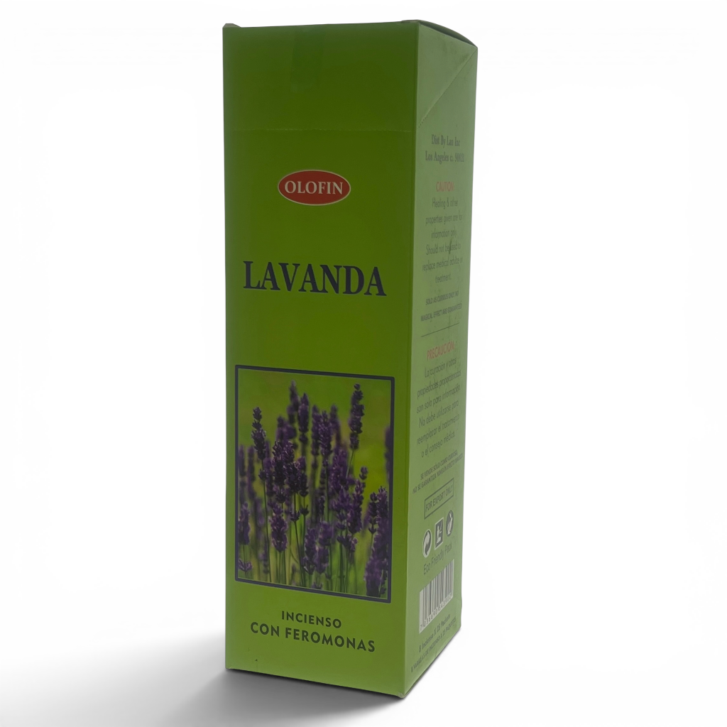 A green rectangular box of Olofin Lavanda incienso con feromonas, featuring a photo of lavender flowers on the front, set against a plain white background.
