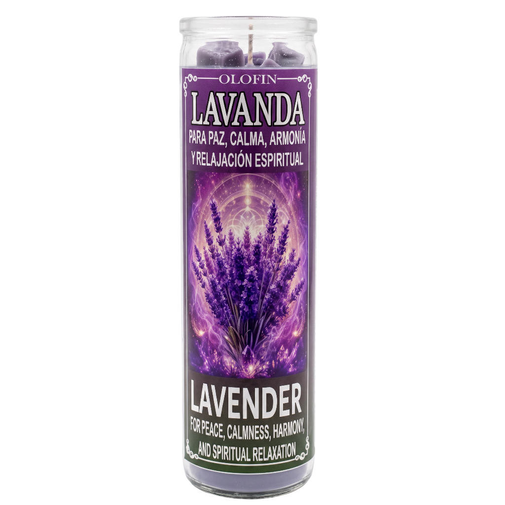 A tall glass jar candle with a purple lavender-themed label, featuring a lavender bouquet illustration and Spanish text including 'OLHIN' and 'LAVENDER'.