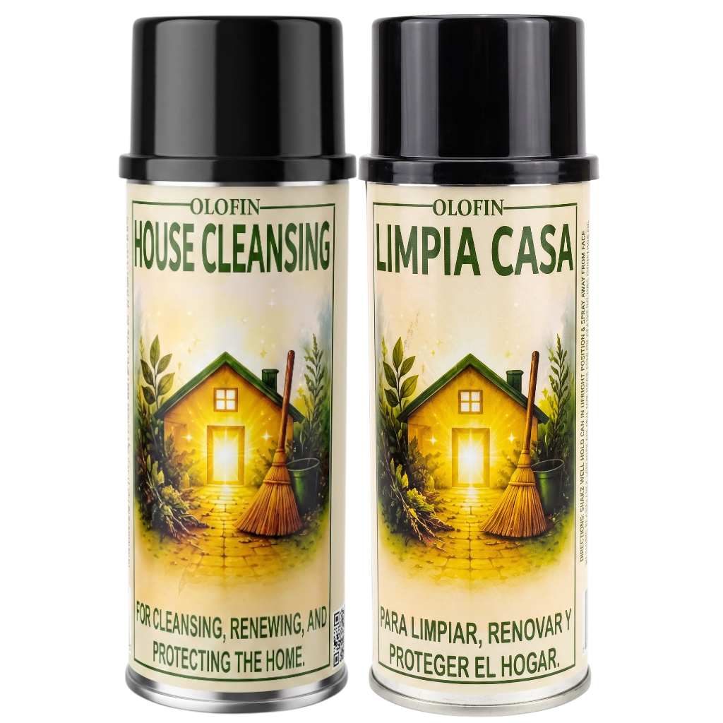Two Olofin House Cleansing spray cans side by side on a white background, featuring a label with an illustration of a cozy house and broom.