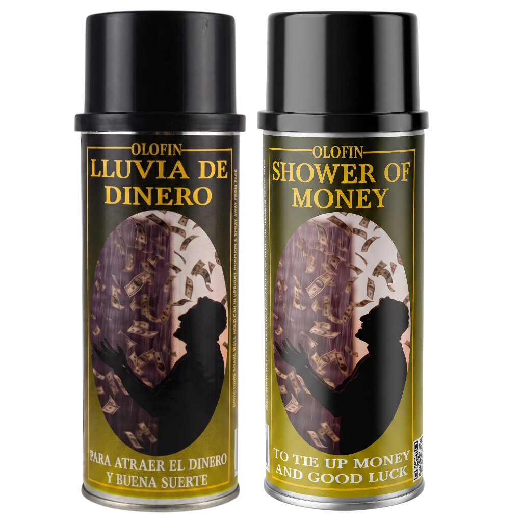 Two black aerosol cans of Olofin 'Shower of Money' (LLuvia de Dinero) product packaging on a white background, featuring a gold and black label with a money shower graphic.