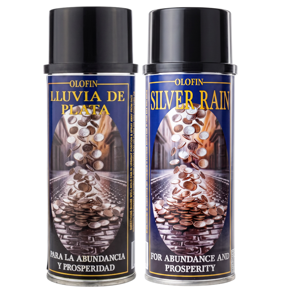 Two silver spray cans of Olofin Silver Rain (Para la Abundancia y Prosperidad) shown side-by-side on a white background.