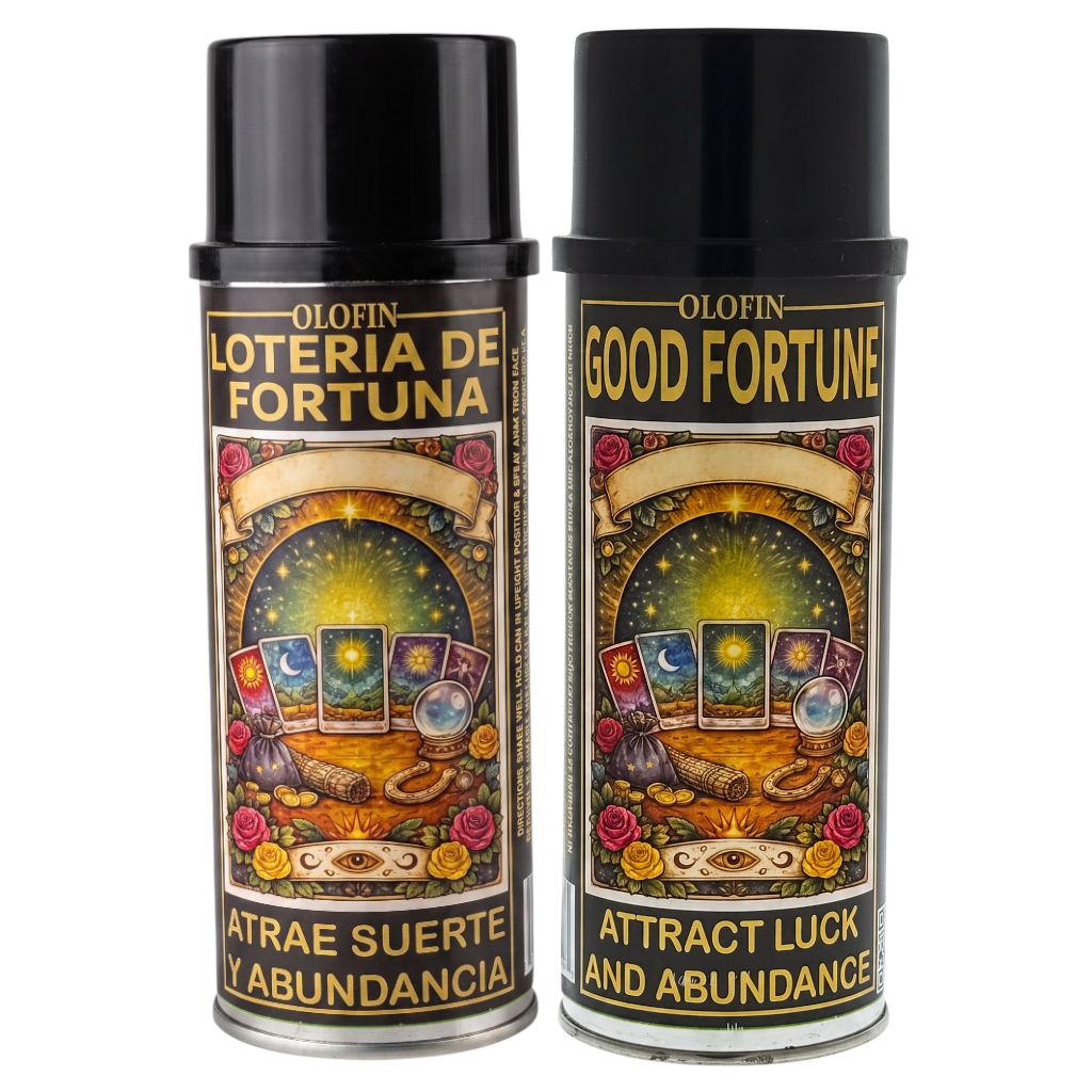 Two black spray bottles of Olofin 'Good Fortune' and 'Loteria de Fortuna' (Attract Luck and Abundance) shown side-by-side against a white background.