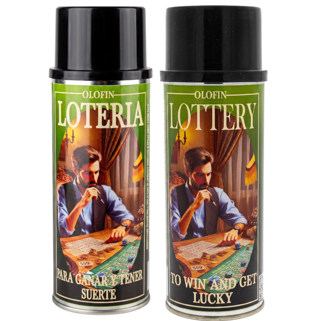 Two Olofin Lottery spray paint cans side by side on a white background, featuring a vintage illustration of a man at a gaming table.