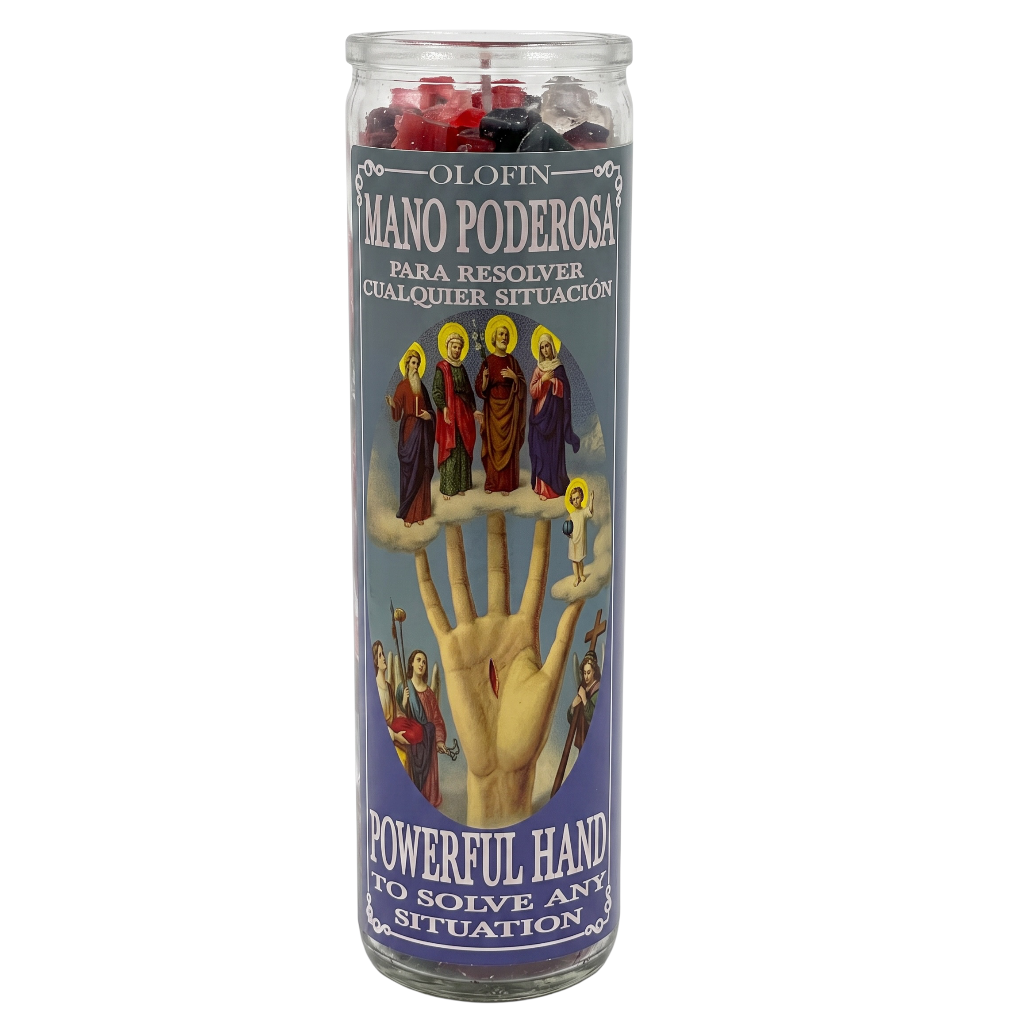 A tall glass jar candle labeled 'OLAPIN MANO PODEROSA' with a blue label featuring a hand holding several small figures, and red wax visible at the top.