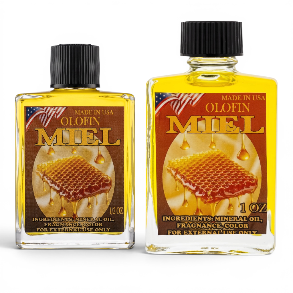 Two bottles of Olofin Miel fragrance oil on a white background, one 1/2 oz and one 1 oz, both containing golden yellow oil with black caps and brown labels featuring honeycomb graphics.