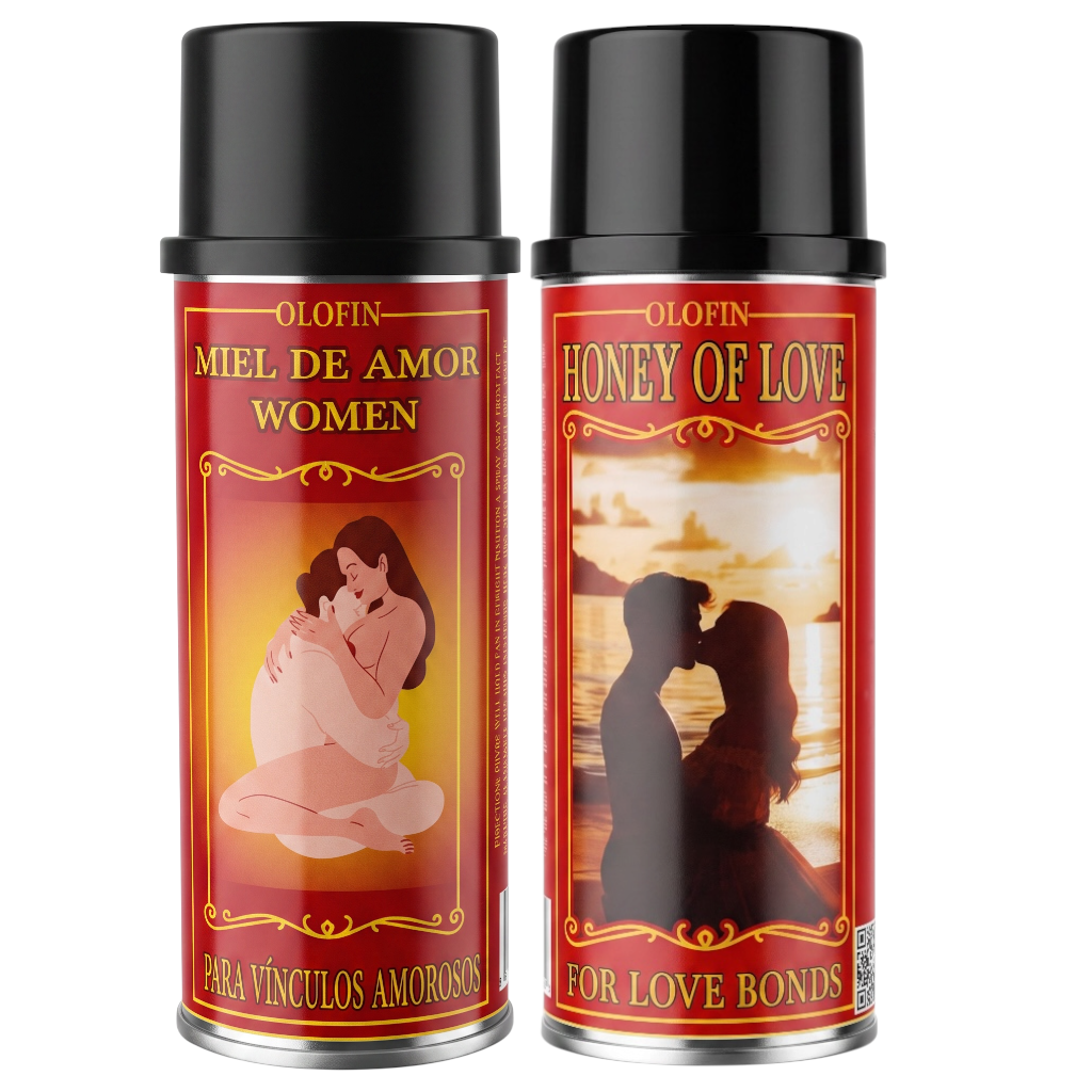 Two Olofin 'Miel de Amor' spray cans for women, labeled 'Miel de Amor Women' and 'Honey of Love For Love Bonds', featuring red and gold labels with romantic illustrations and black caps, set against a plain white background.