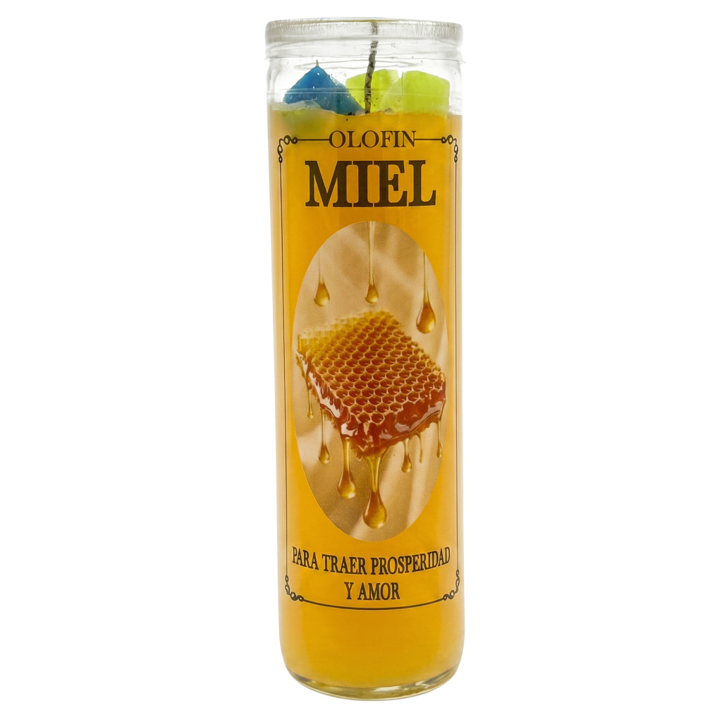 A tall glass jar candle filled with golden yellow wax and topped with blue and green wax pieces. The label reads 'OLOFIN MIEL' with an image of honeycomb dripping with golden honey.