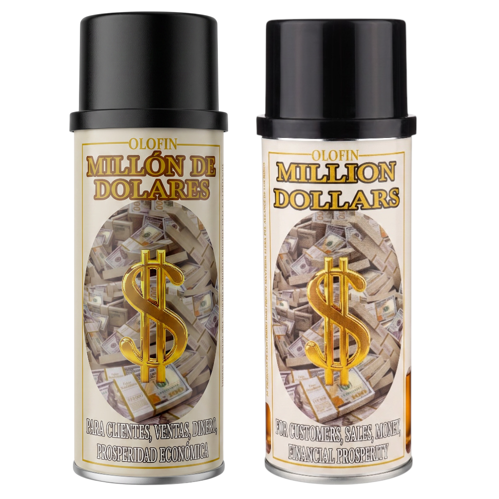 Two aerosol cans of Olofin Million Dollars financial boost spray, featuring black caps and cream-colored labels with a gold dollar sign and stacks of cash illustration.