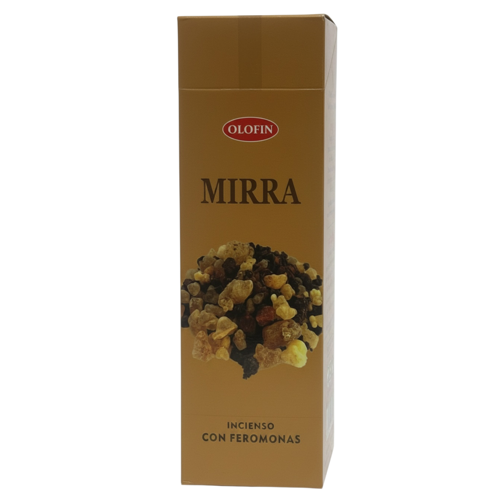 A tall rectangular Olofin Mirra incense box with a metallic gold finish, featuring a photo of dried incense herbs and the text 'MIRRA' and 'INCIENSO CON FEROMONAS' on a white background.