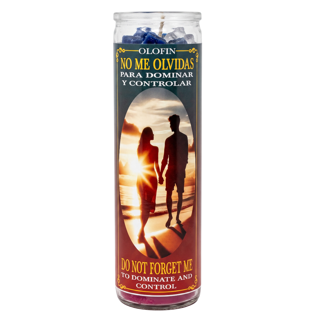 A tall glass jar candle with a printed label reading 'OLOFIN NO ME OLVIDAS PARA DOMINAR Y CONTROL' and 'DO NOT FORGET ME TO DOMINATE AND CONTROL,' featuring a couple holding hands against a sunset scene on the front.