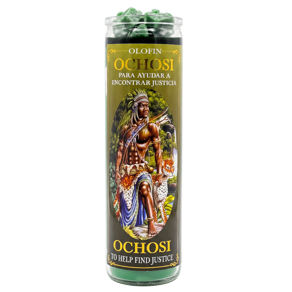 A tall glass prayer candle with green wax at the top and a printed label featuring Ochosi, shown on a plain white background.