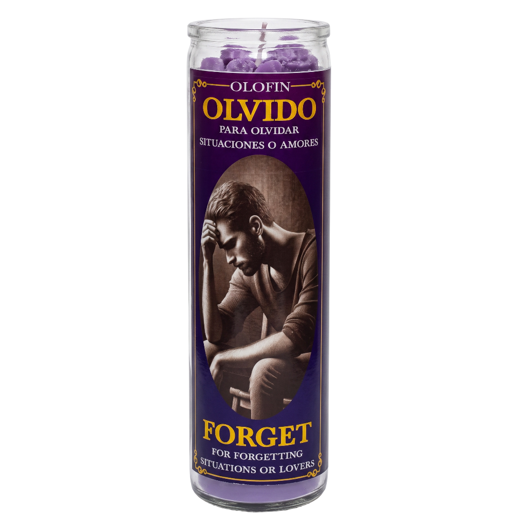 A tall glass jar candle labeled 'OLVIDO FORGET' with purple wax and a dark purple label featuring a seated man illustration, on a plain white background.