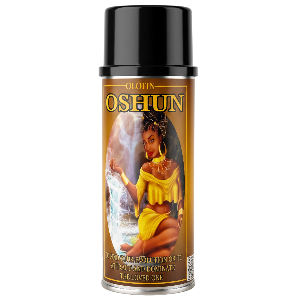 A single aerosol spray can of Olofin Oshun perfume or fragrance, featuring a black cap and a brown label with a graphic illustration of a woman in yellow attire.