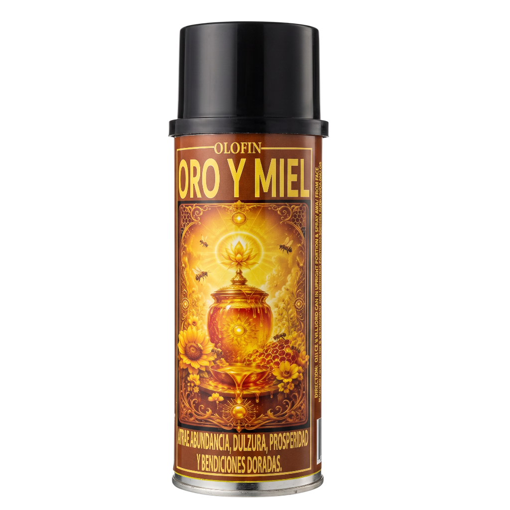 A can of Olofin Oro y Miel spray on a plain white background. The can has a black cap and a label featuring a golden honey pot surrounded by bees and sunflowers.