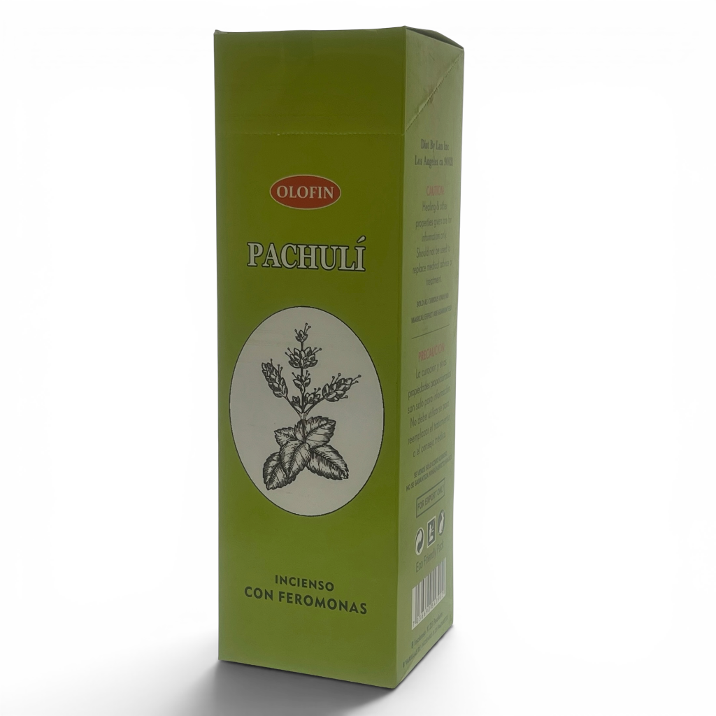 A green rectangular box of Olofin Pachuli incense with a white circular botanical illustration on the front, photographed on a white background.