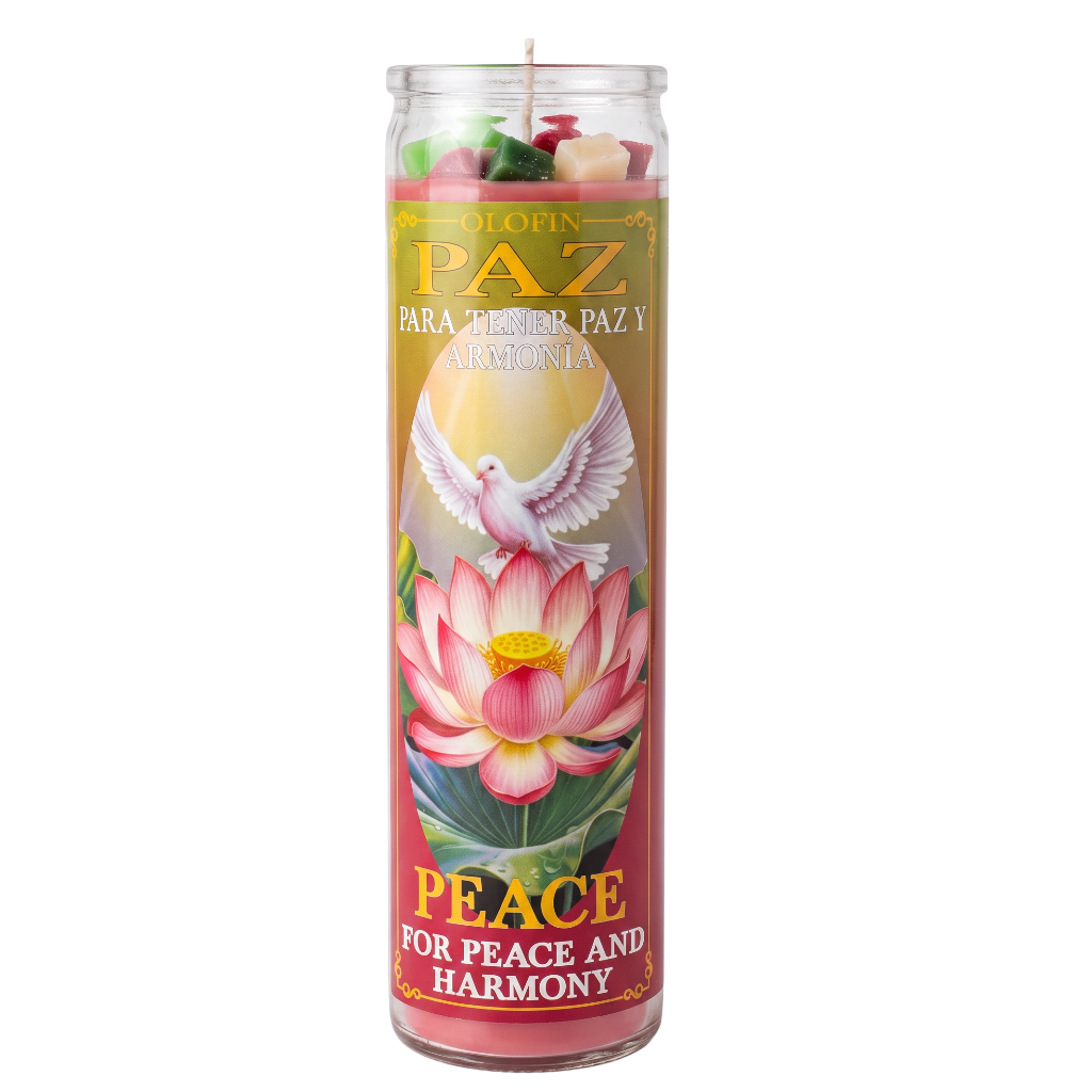 A tall glass jar candle labeled 'Paz para la Paz' with a pink and red lotus flower, white dove, and gold 'PEACE FOR PEACE AND HARMONY' text on a white background.