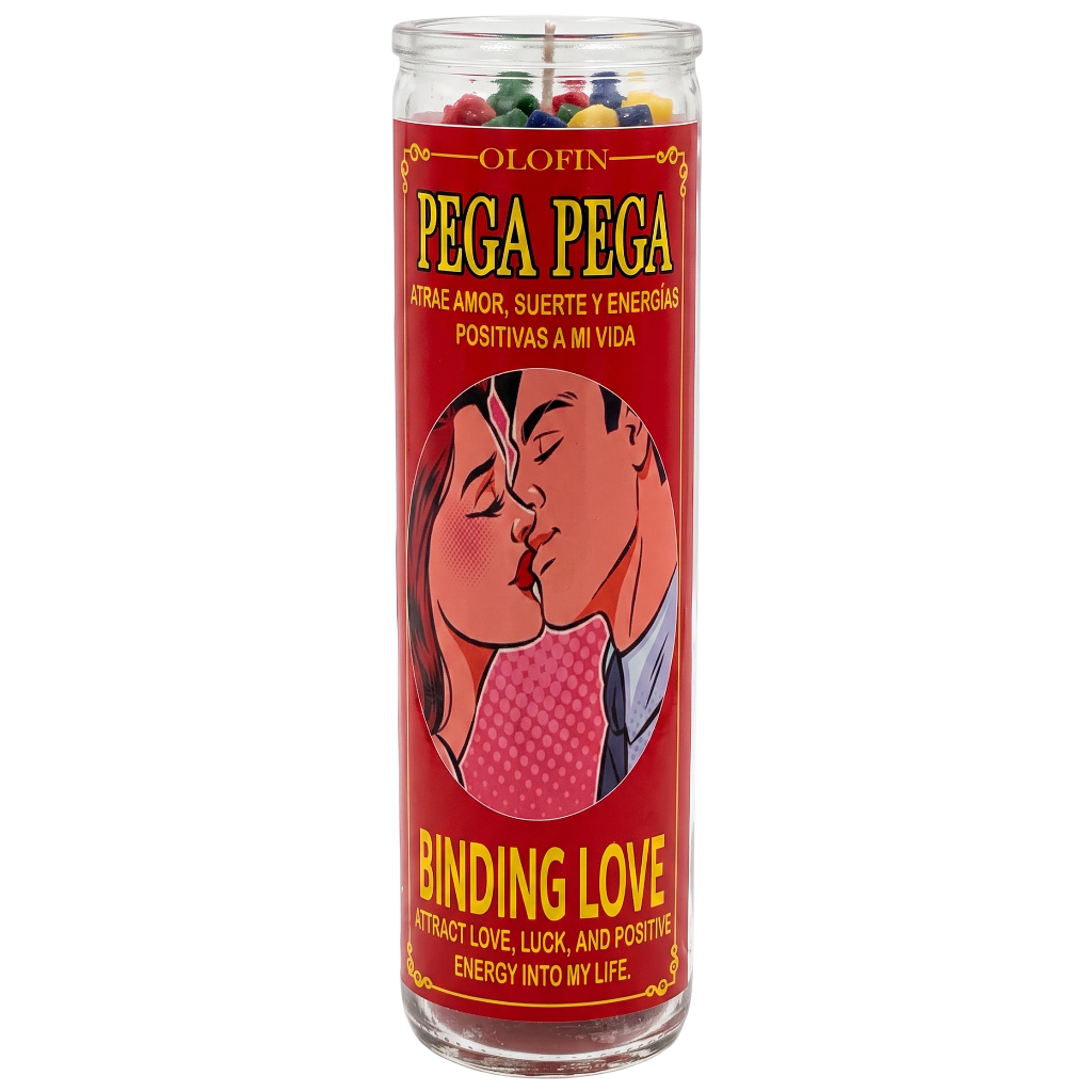 A tall glass prayer candle with a red label reading 'Olofin Pega Pega Binding Love' and a romantic couple illustration, shown on a plain white background.