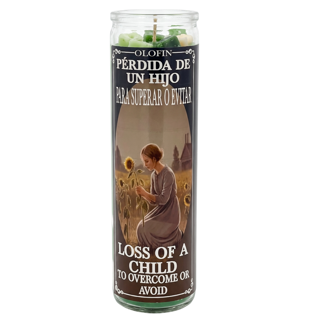 A tall glass jar candle with a printed label in Spanish and English, featuring a woman kneeling in a sunflower field. The label reads 'OLOFIN PÉRDIDA DE UN HIJO PARA SUPERAR O EVITAR' and 'LOSS OF A CHILD TO OVERCOME OR AVOID'.
