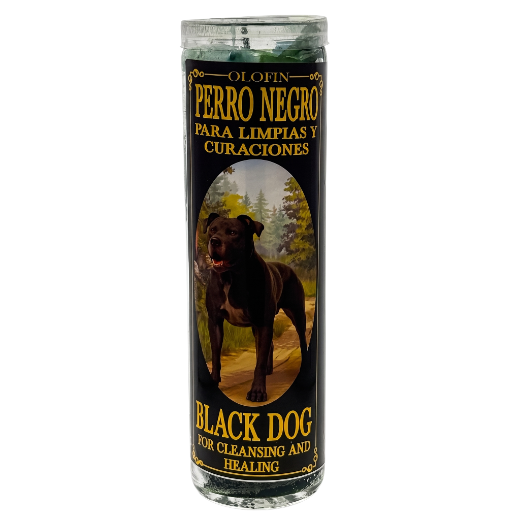 A tall glass jar candle labeled 'Olafin Perro Negro Para Limpias y Curaciones' with a black label featuring a black dog illustration and gold text, shown on a white background.