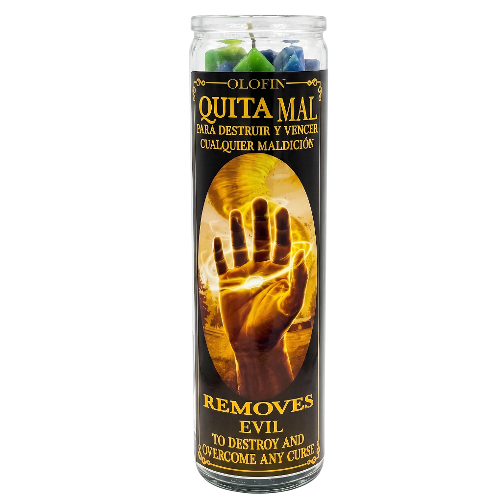 A tall glass jar candle labeled 'Olofin Quita Mal' with a black and gold label featuring a glowing hand graphic. The candle contains green and blue wax pieces visible at the top, and the text states it removes evil.