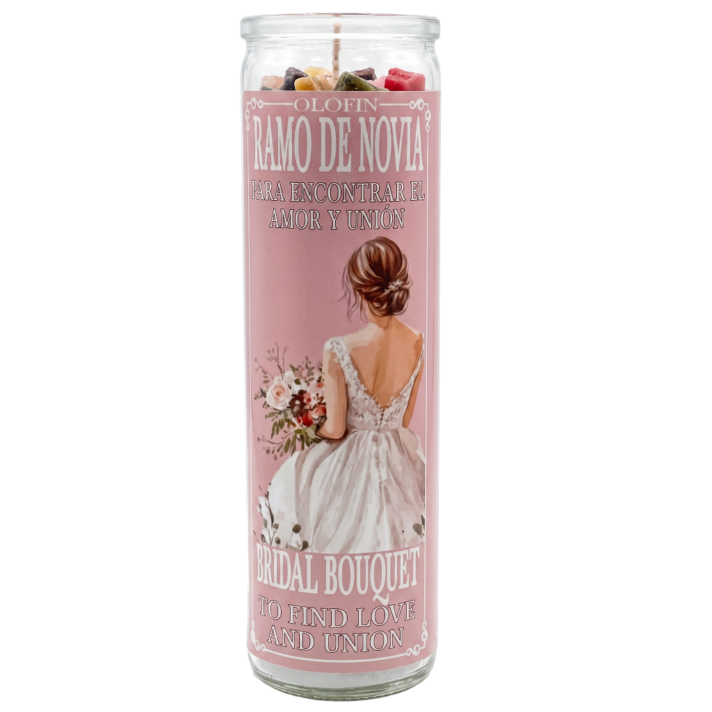 A tall glass jar candle with a pink label featuring a bride in a white dress and Spanish text reading 'Olofin Ramo de Novia' and 'Bridal Bouquet'. The candle is shown upright against a plain white background.