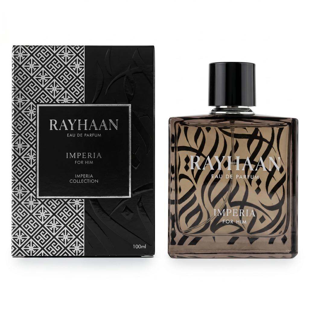 Rayhaan Imperia Eau de Parfum bottle and packaging on a white background