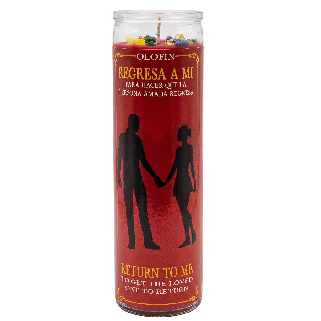 A tall red glass jar candle labeled 'Olofin Regresa a Mi' with black silhouettes of a couple holding hands, on a plain white background.